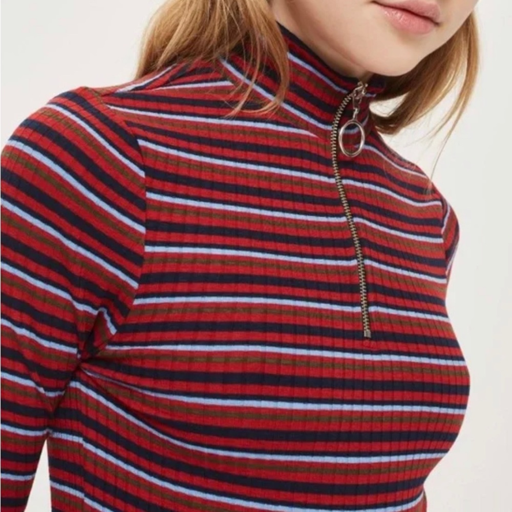 Topshop Striped Zip Funnel Neck Long Sleeve Crop T-Shirt
